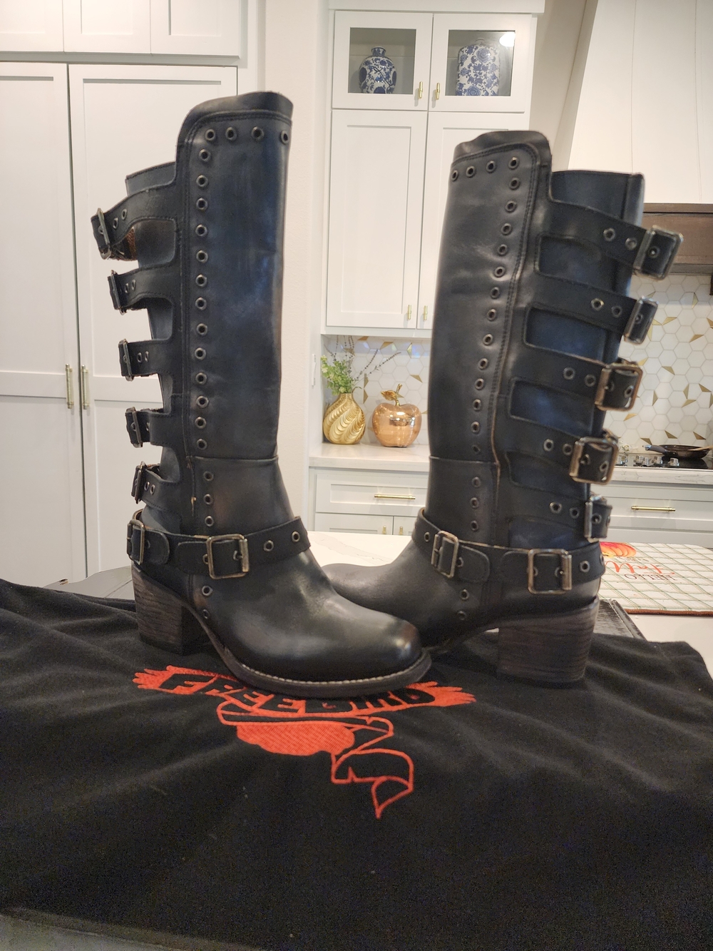 FREEBIRD BY STEVEN Derby Black Distressed Leather Tall Buckle Boots Size 7